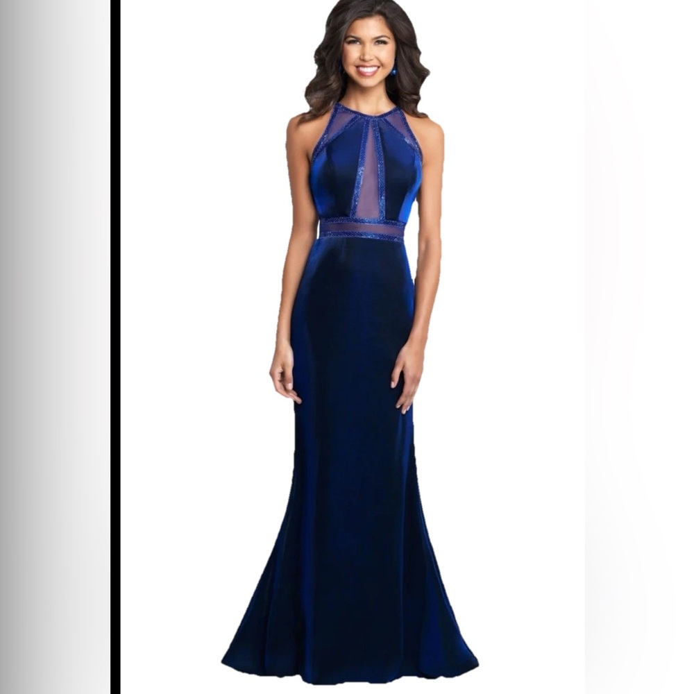 Blue Prom Formal Dress Size 8 Floor Length Blush Brand Mesh V Neck